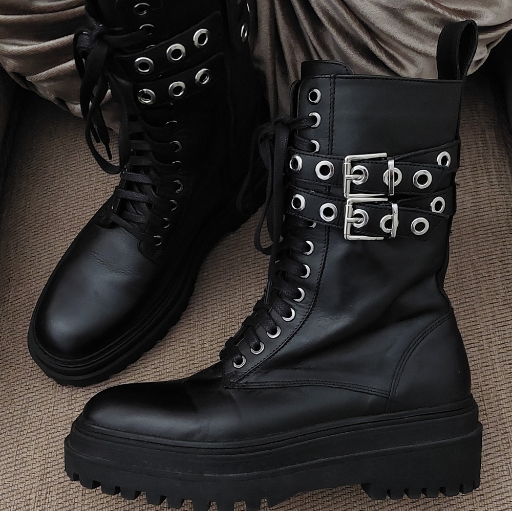 ZARA WOMEN'S LEATHER PLATFORM MOTO COMBAT BOOTS